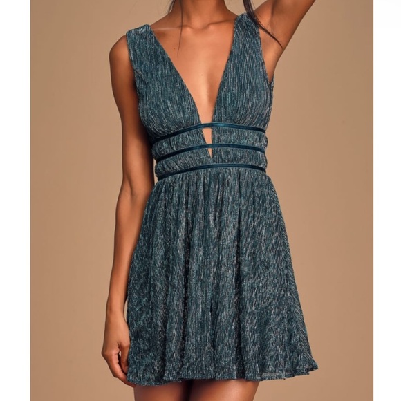 Lulus Smokeshow Teal Blue Crinkled Sparkle Metallic V-Neck Sleeveless Mini Dress - Picture 6 of 15